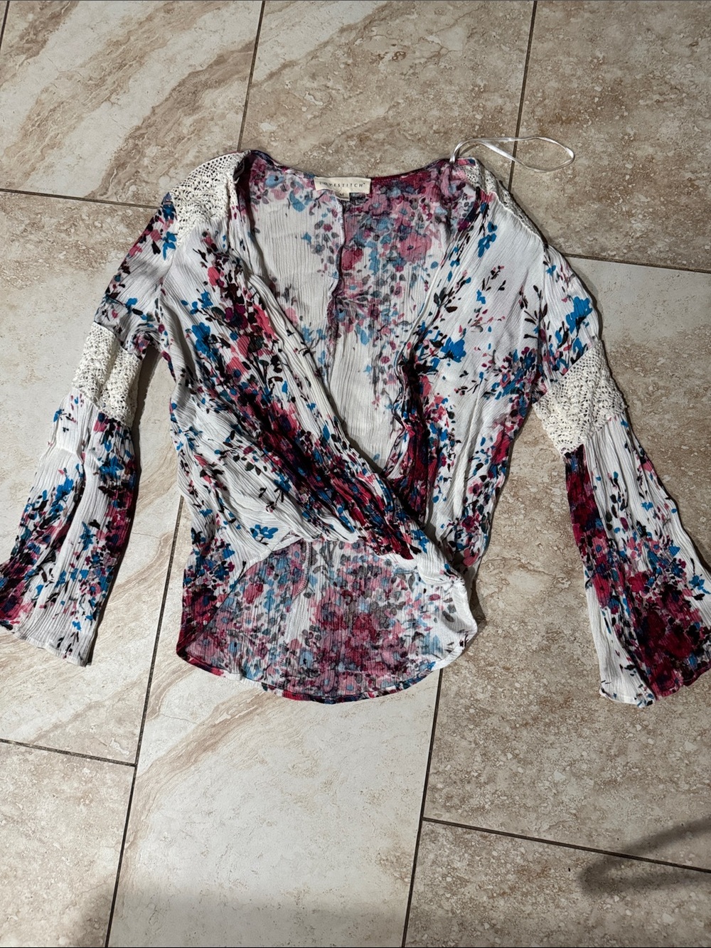 lovestitch White Floral Twist-Front Blouse with‎ Blue & Pink Accents